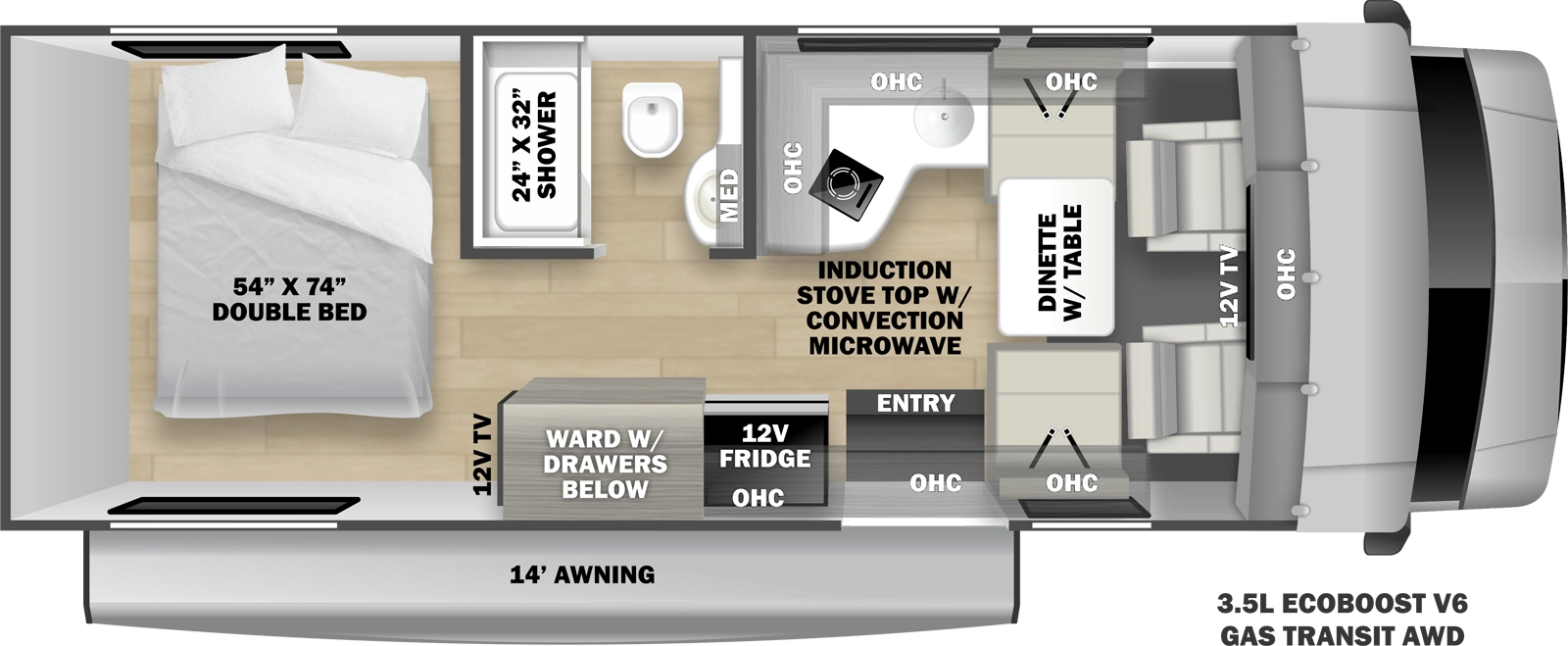 The Solera TS238 floorplan has one entry and zero slide outs. Exterior features include: 15' awning. Interiors features include: rear bedroom.